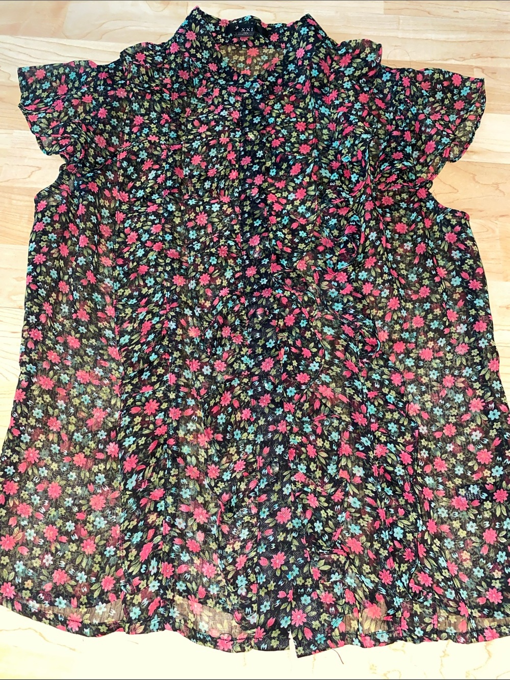 Black Sheer Floral Button-Up with Pink & Teal Flowers